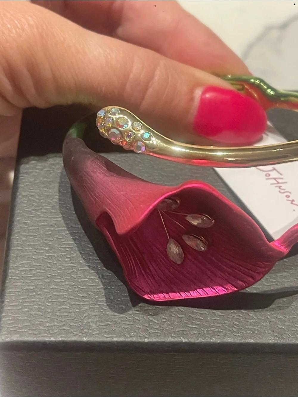 Betsey Johnson Red Calla Lily Flower Hinged Cuff Bracelet Crystal Gold Tone NWT